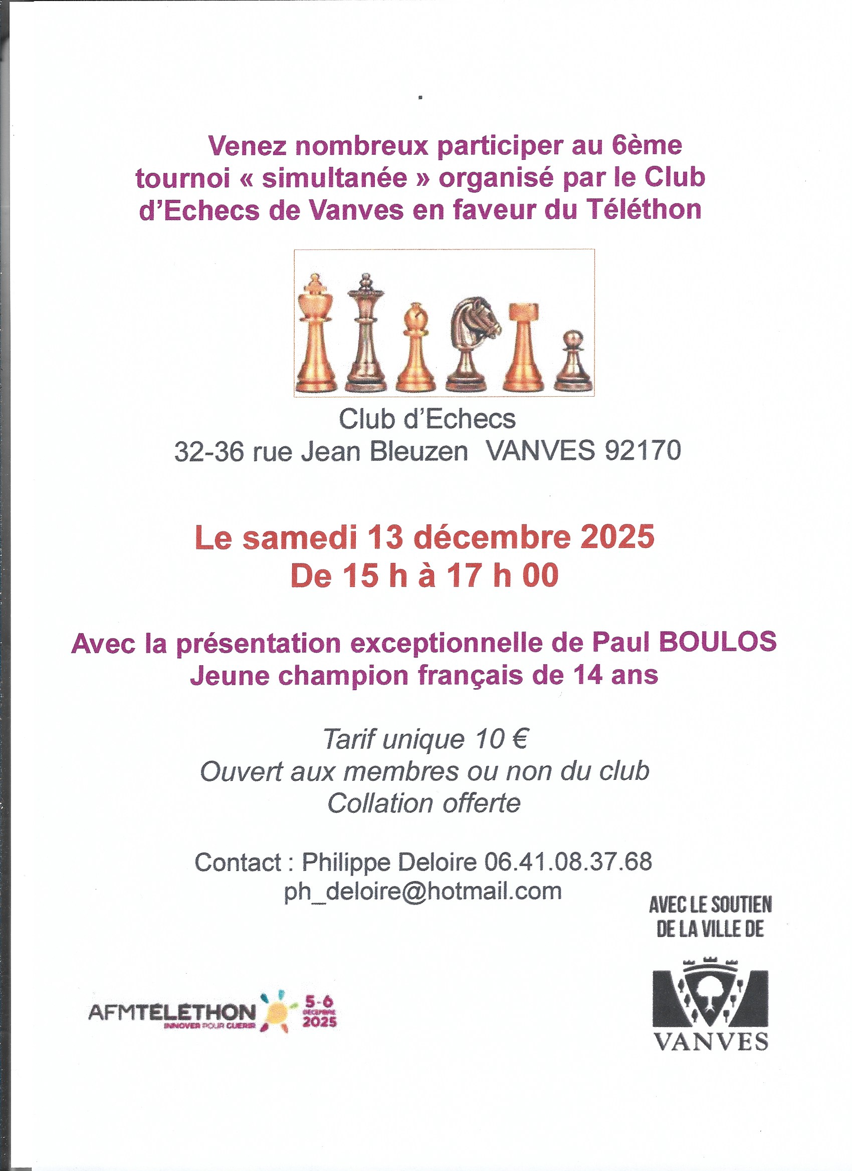 Le club vous attend pour le téléthon samedi 13 décembre 2025 de 15h à 17h